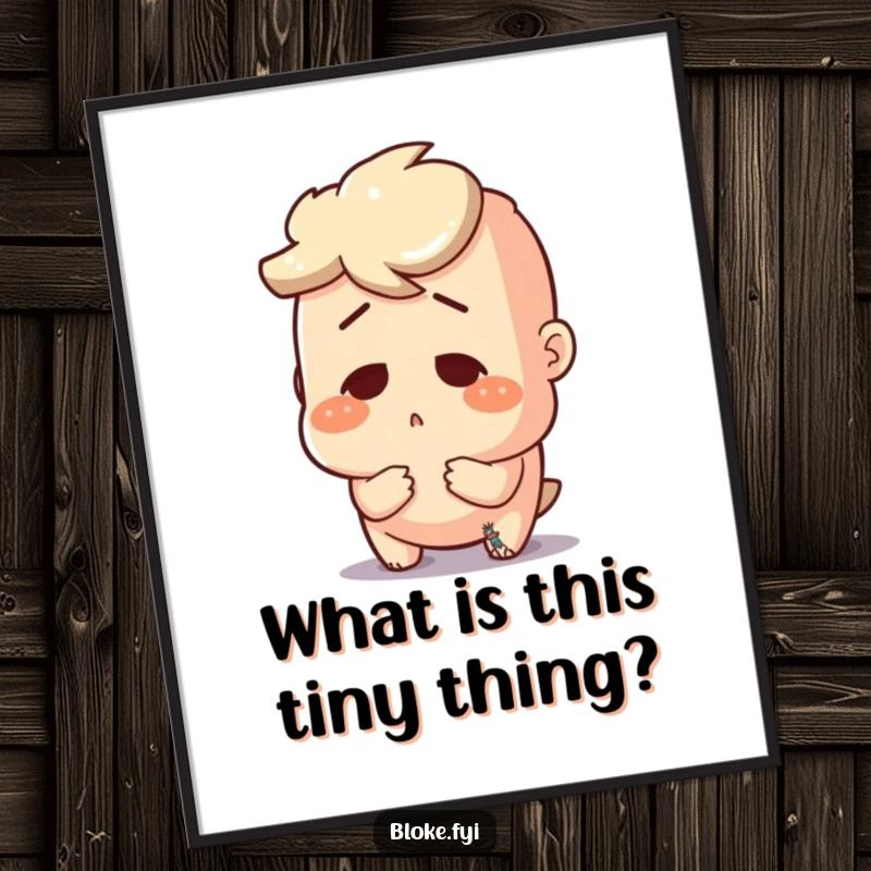 Funny Free Printable Wall Art: A comical bloke character is utterly surprised by the sight of a tiny object.