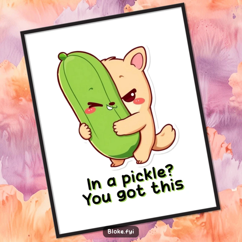 Funny Free Printable Wall Art: A bloke animal character winks slyly while holding a giant pickle, humorous wall decor.