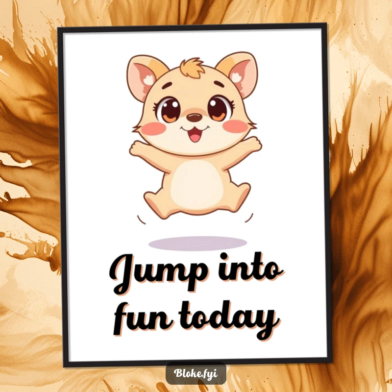 Funny Free Printable Wall Art of a playful animal with wide, excited eyes attempting a clumsy jump.