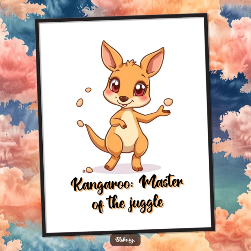 Funny free printable wall art showing a kangaroo with wide eyes, energetically juggling small pebbles in a whimsical illustration.