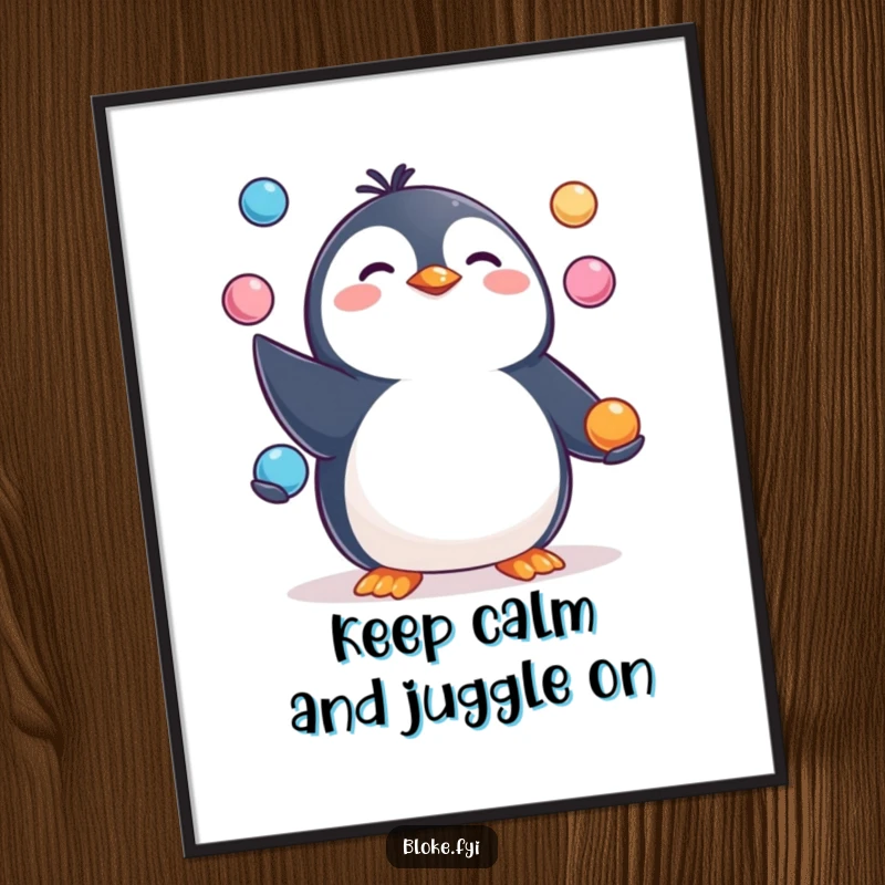 Funny Free Printable Wall Art: Happy, pudgy penguin character juggling three small, round objects.