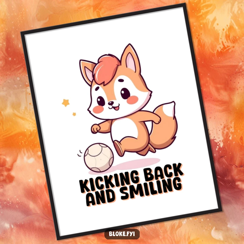 Funny Free Printable Wall Art: Playful animal character with a smile kicking a small, deflated ball. Downloadable art.