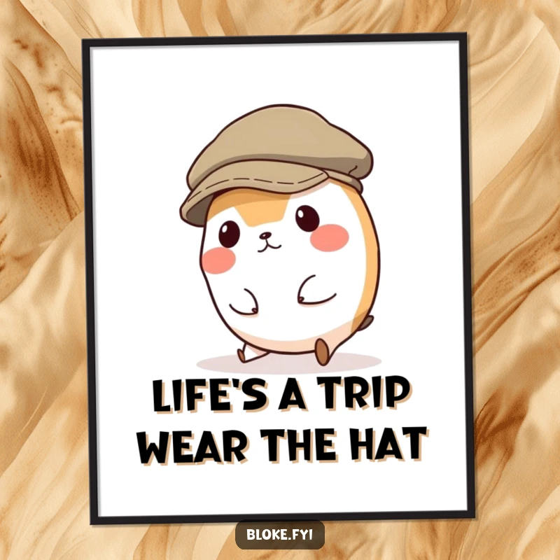 Funny Free Printable Wall Art: A small round animal character comically tripping in a ridiculously oversized flat cap.