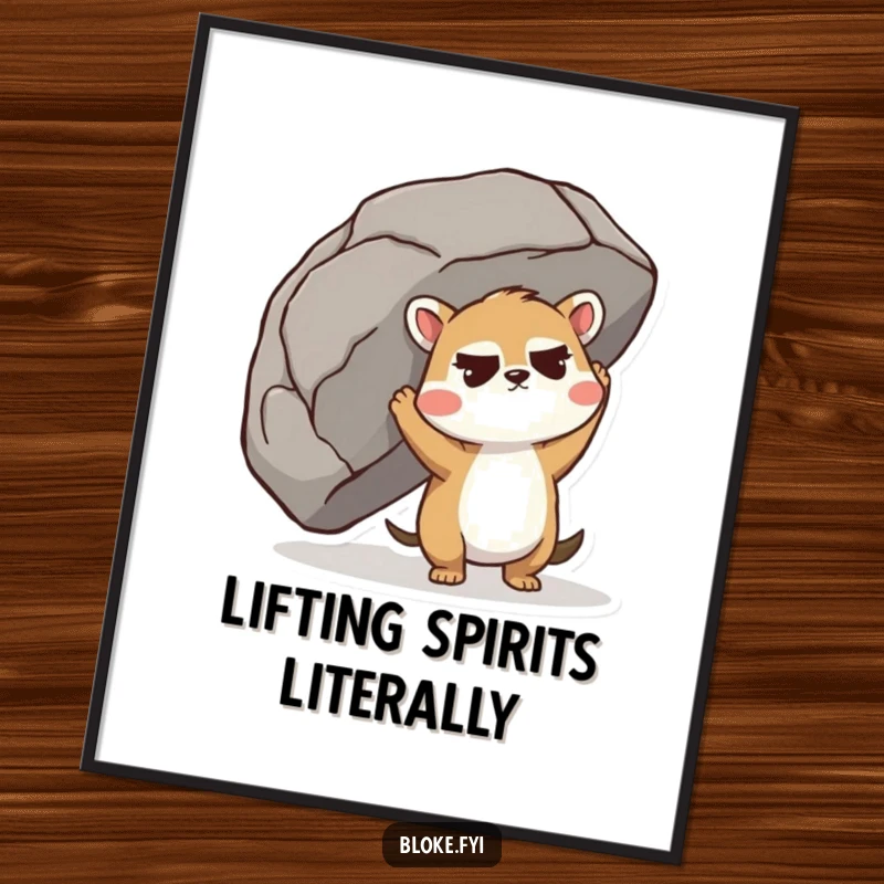 Funny Free Printable Wall Art: Cute animal with furrowed brow straining to lift a giant boulder, representing strength and effort, downloadable.