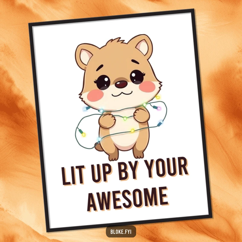 Funny Free Printable Wall Art: Bewildered animal character hilariously wrapped in tangled fairy lights, a whimsical decor piece.