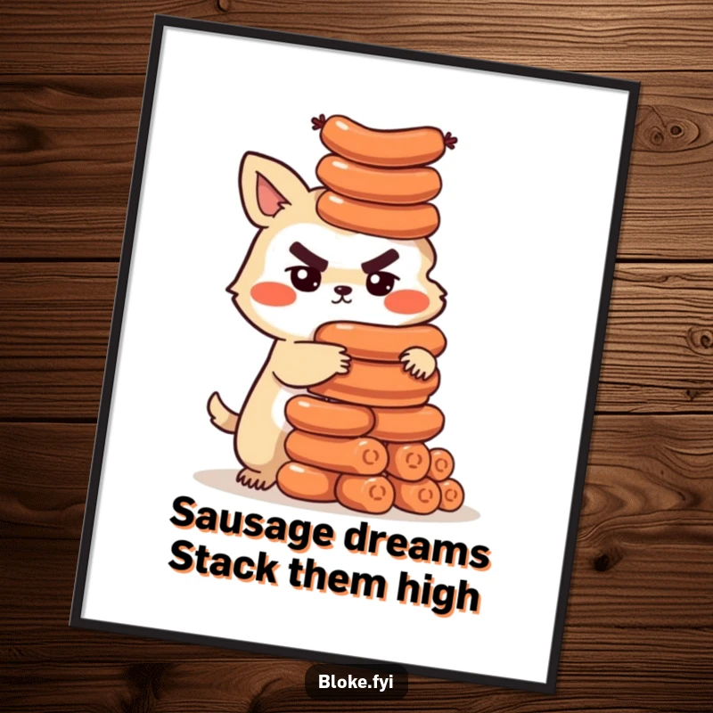 Funny Free Printable Wall Art: Bloke animal with intense focus building a staggering tower of sausages, quirky kitchen humor.