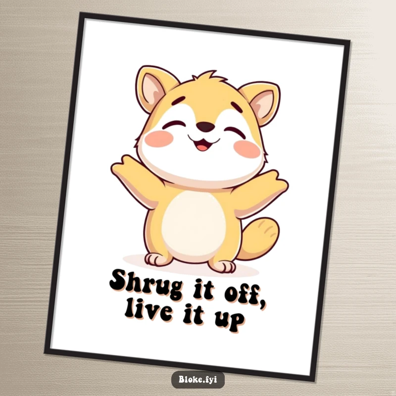 Funny Free Printable Wall Art: Happy animal shrugs shoulders with a relaxed attitude, bringing a chill, humorous vibe to any space. Downloadable.