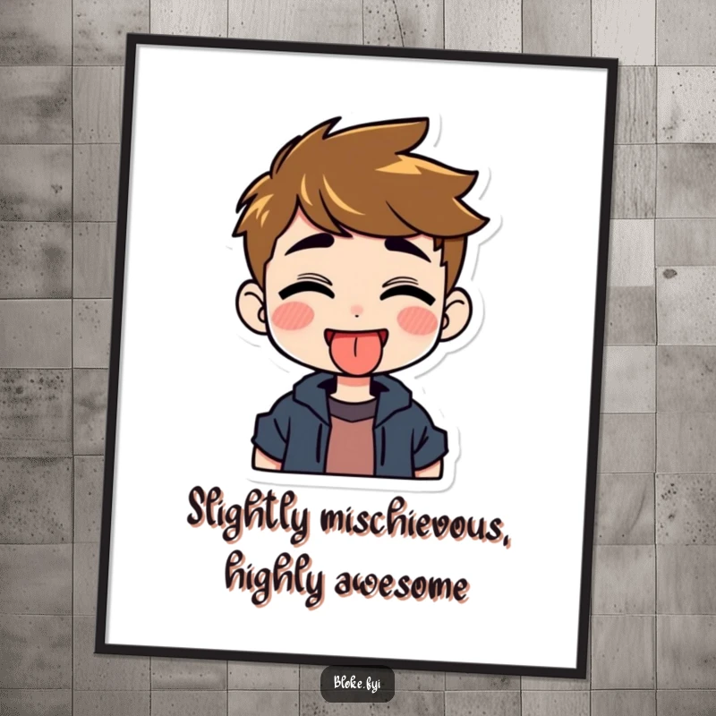 Funny Free Printable Wall Art: Grinning guy character playfully sticking out his tongue with a mischievous look.