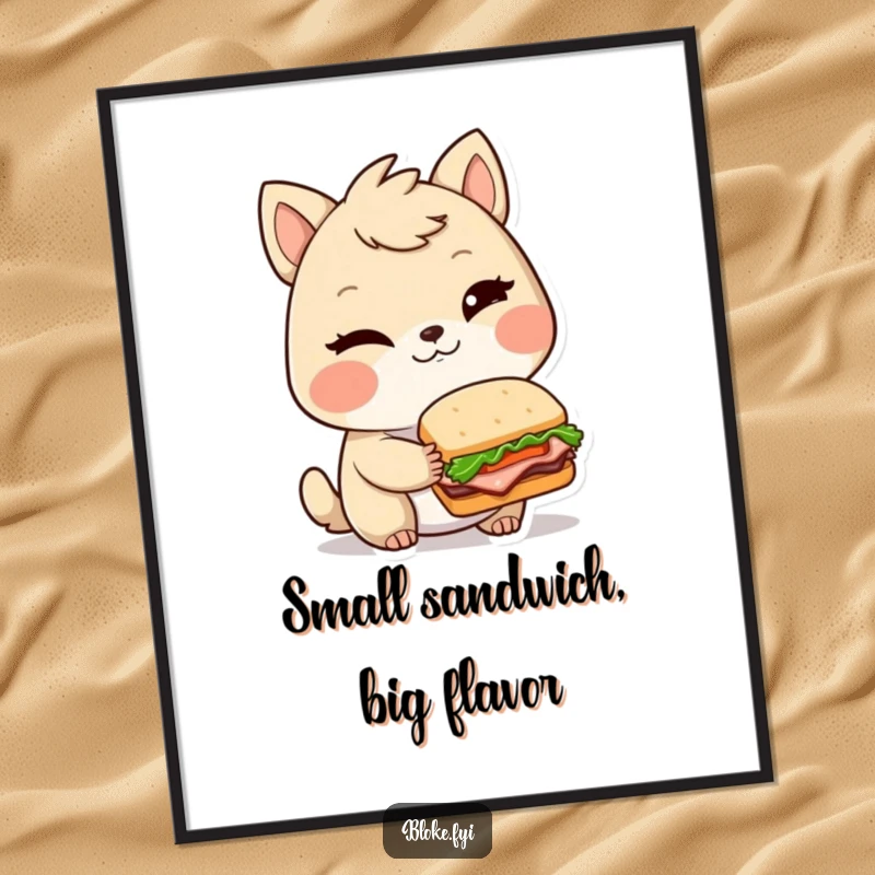 Funny Free Printable Wall Art: Bloke animal winks mischievously, holding a perfectly formed, tiny elaborate sandwich, adding gourmet humor.