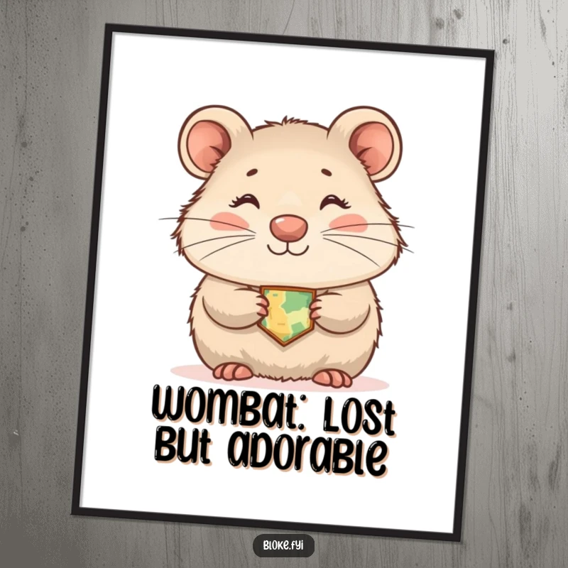 Funny free printable wall art showing a shy wombat smiling sweetly while wearing a tiny map, looking endearing and lost.