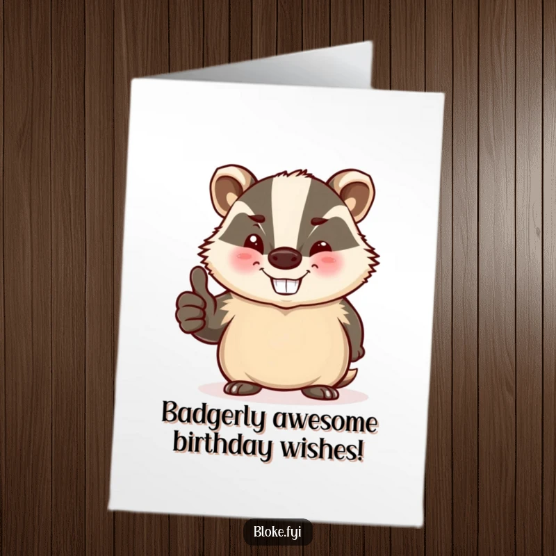 Funny Free Printable Birthday Card featuring a stout badger giving a thumbs up and a wink, ready to party.
