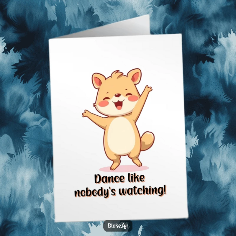 Funny free printable birthday card: A sturdy animal joyfully dances with clumsy but happy moves, celebrating a birthday.