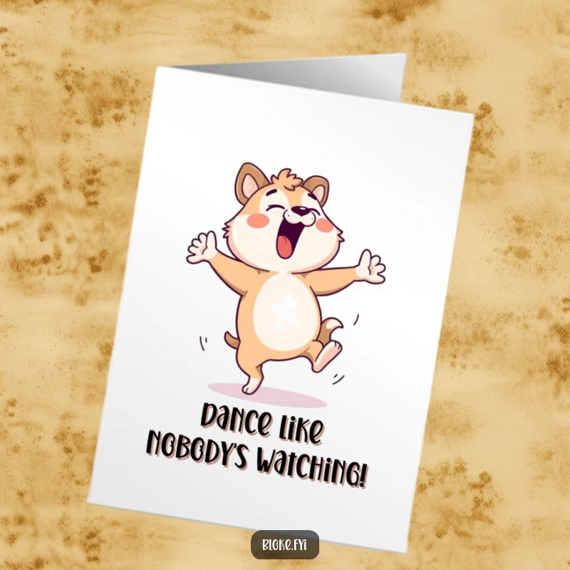 Funny Free Printable Birthday Card: Bloke animal character doing a crazy, high-kicking dance move with a huge smile.