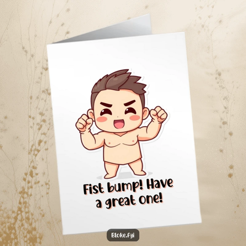Funny Free Printable Birthday Card: A strong character enthusiastically gestures with a fist, ready to celebrate.