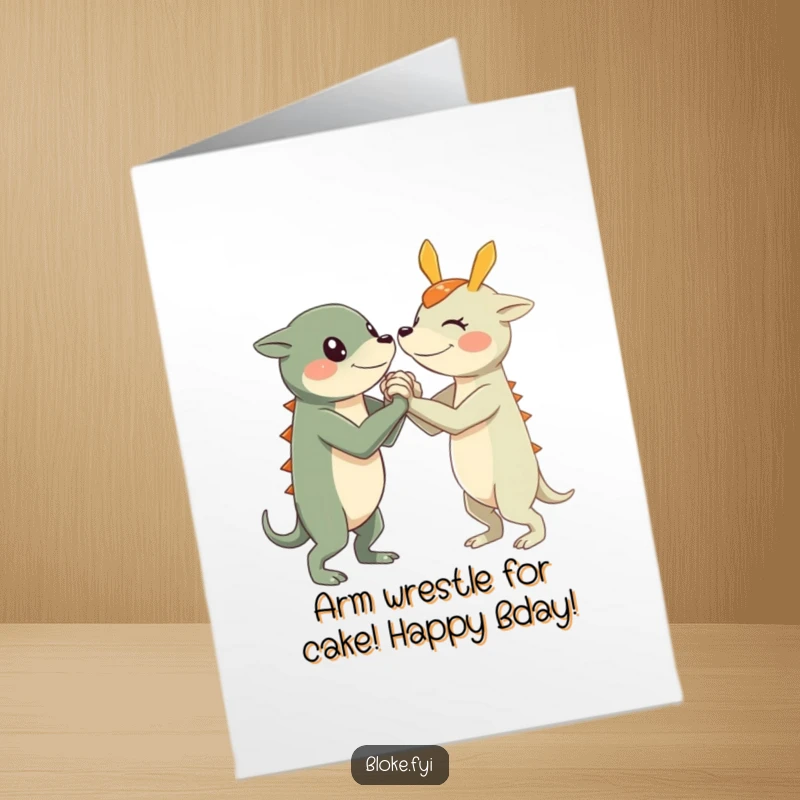 Funny Free Printable Birthday Card: A creature with short limbs engages in a friendly arm wrestle, ready for fun.