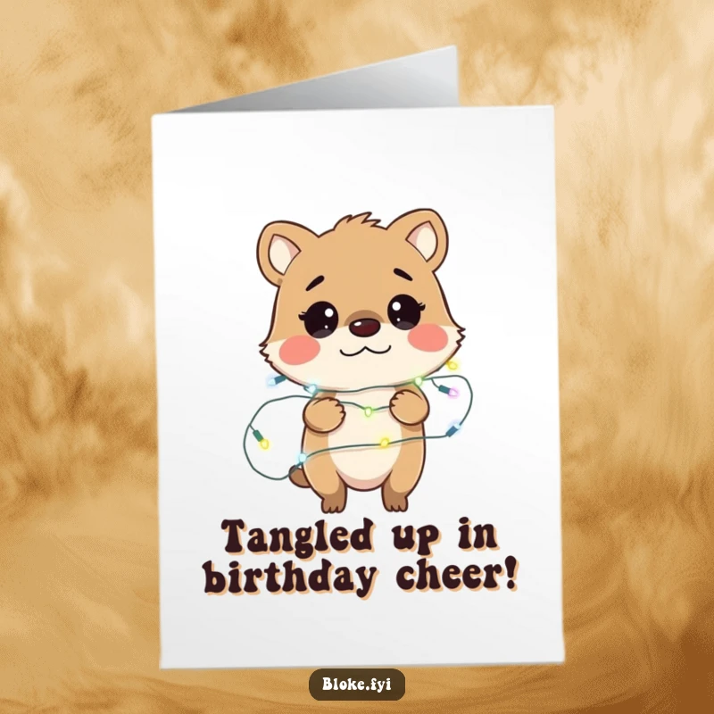 Funny Free Printable Birthday Card: Bewildered animal character tangled in fairy lights, looking utterly confused and ready for laughs.