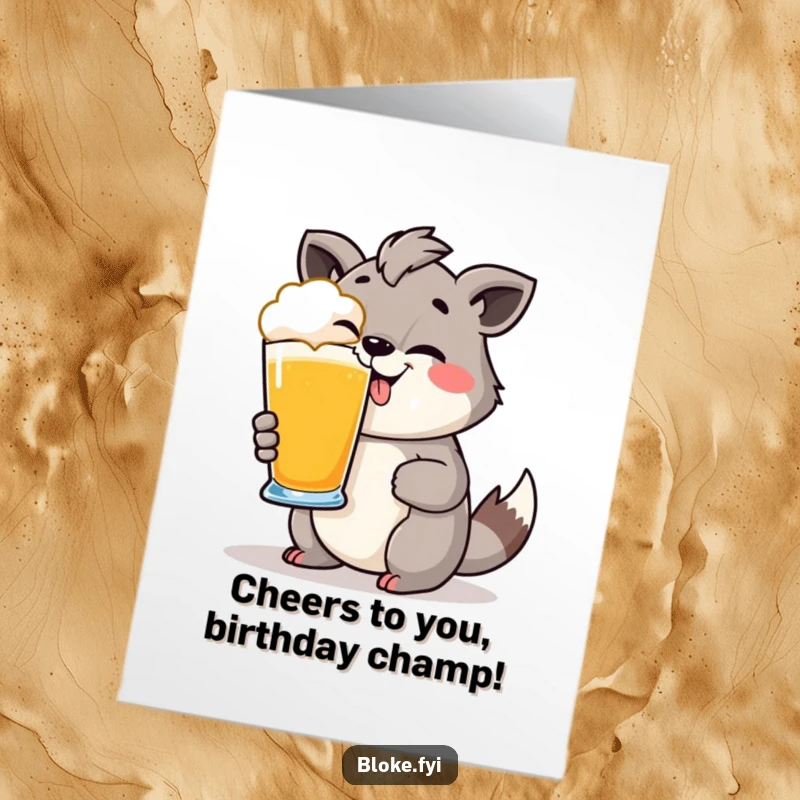 Funny Free Printable Birthday Card: Animal with a cheeky grin holds a pint glass, ready to celebrate. Great for party humor.