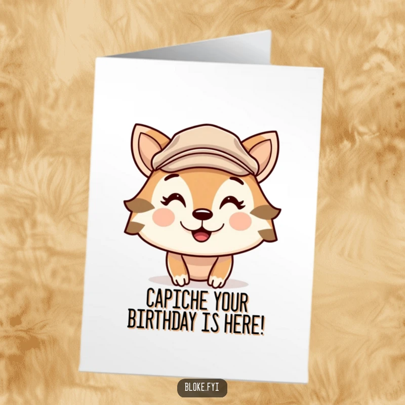 Funny Free Printable Birthday Card: Cute animal in flat cap with cheeky grin, ready for a birthday bash. Downloadable humor.