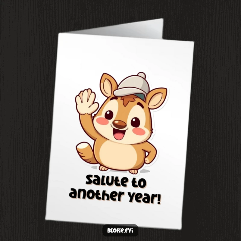 Funny Free Printable Birthday Card: Happy bloke animal character enthusiastically saluting with a jaunty cap and big smile.