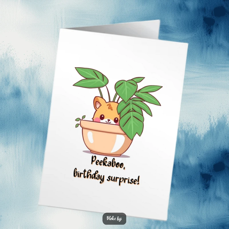 Funny Free Printable Birthday Card: Curious animal peeking from behind a large potted plant, ready to surprise. Downloadable fun.
