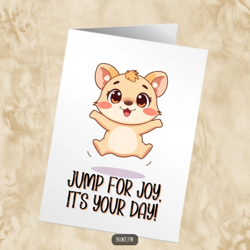 Funny Free Printable Birthday Card: a playful animal with wide, excited eyes makes a clumsy jump.