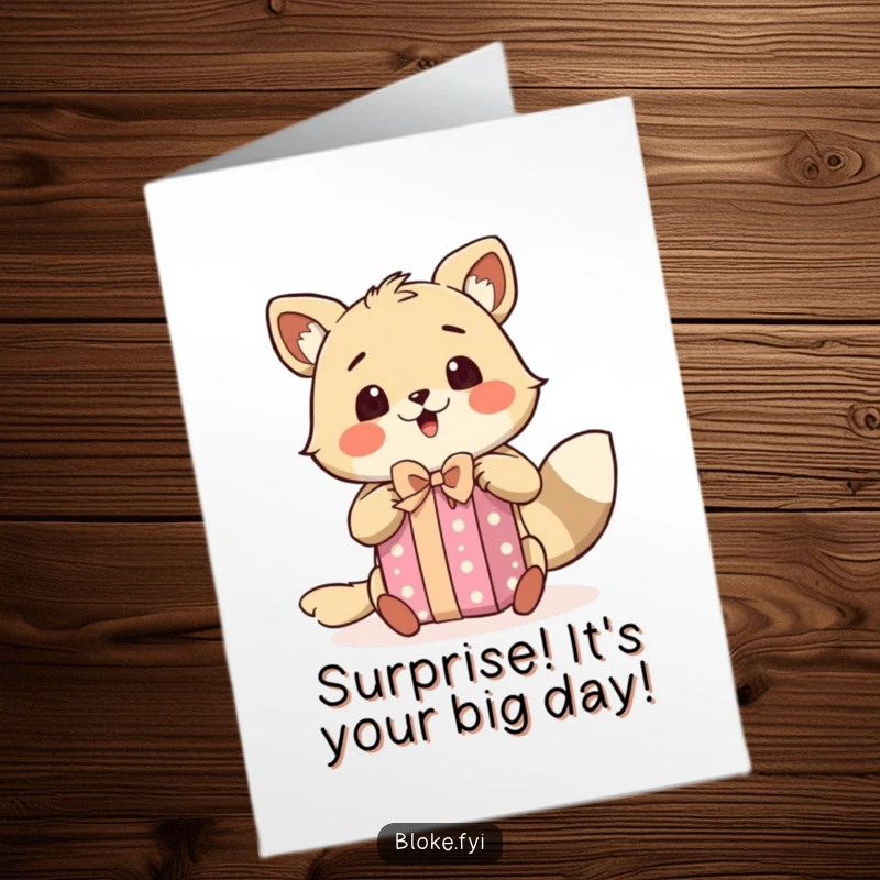Funny Free Printable Birthday Card: Animal character with a surprised expression, excitedly unwrapping a gift, pure birthday delight.