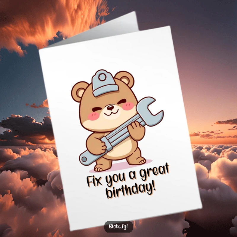 Funny Free Printable Birthday Card: A bear with a mischievous grin cheekily offers a giant wrench, ready for repairs.