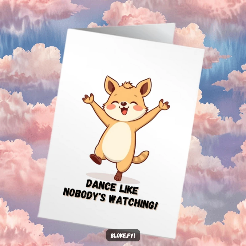 Funny free printable birthday card: A sturdy animal joyfully dancing clumsily, spreading laughter and birthday cheer. DIY gift.