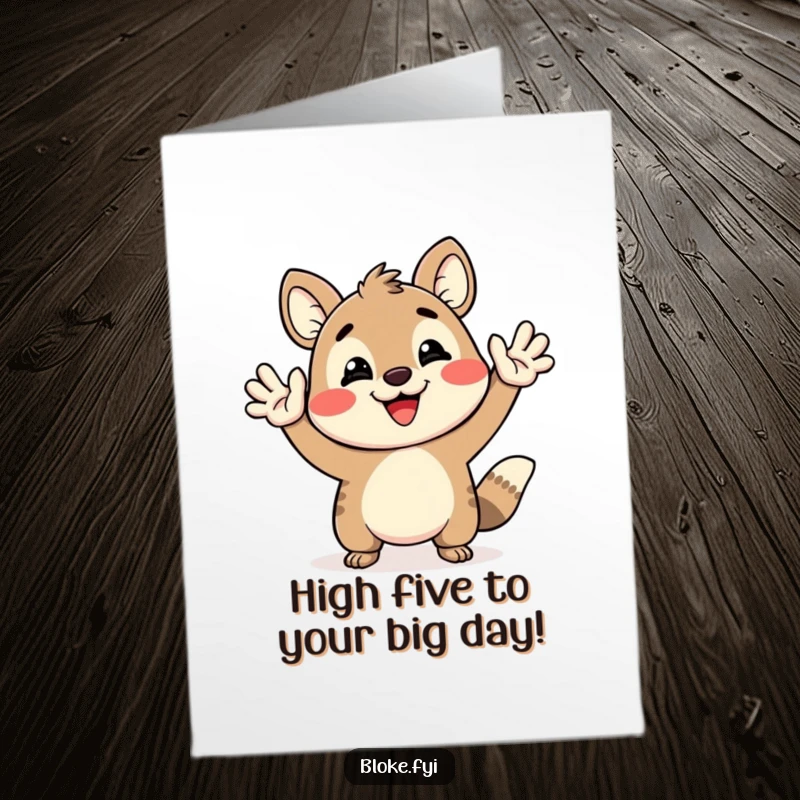 Funny Free Printable Birthday Card: Happy animal character grinning widely, delivering an exaggerated high-five, perfect for birthday cheer.