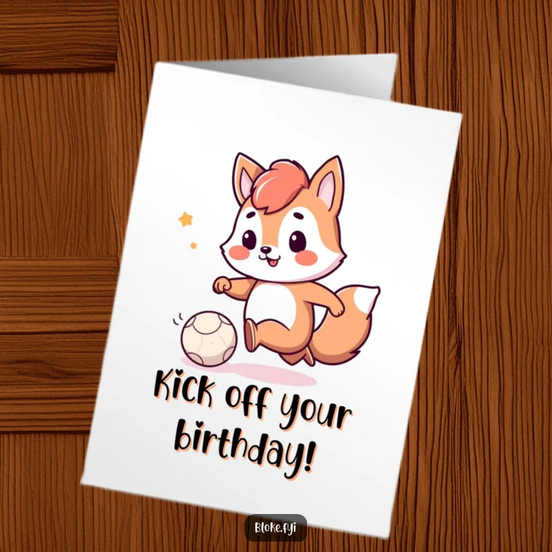 Funny Free Printable Birthday Card: Playful animal smiling while kicking a small, deflated ball. Downloadable birthday fun.