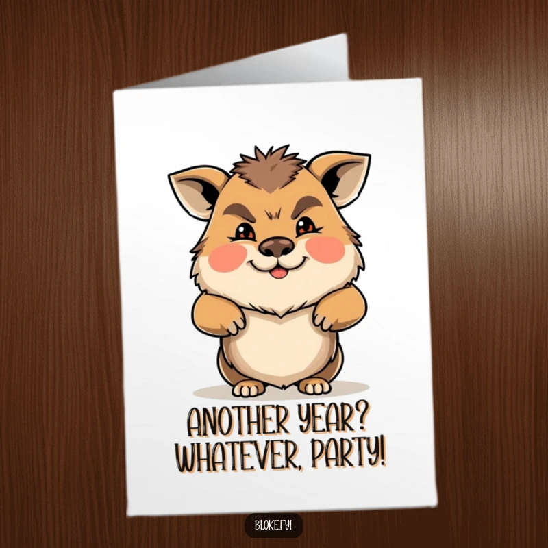 Funny Free Printable Birthday Card: An animal with a gruff yet friendly face shrugs its shoulders, bringing laid-back humor.