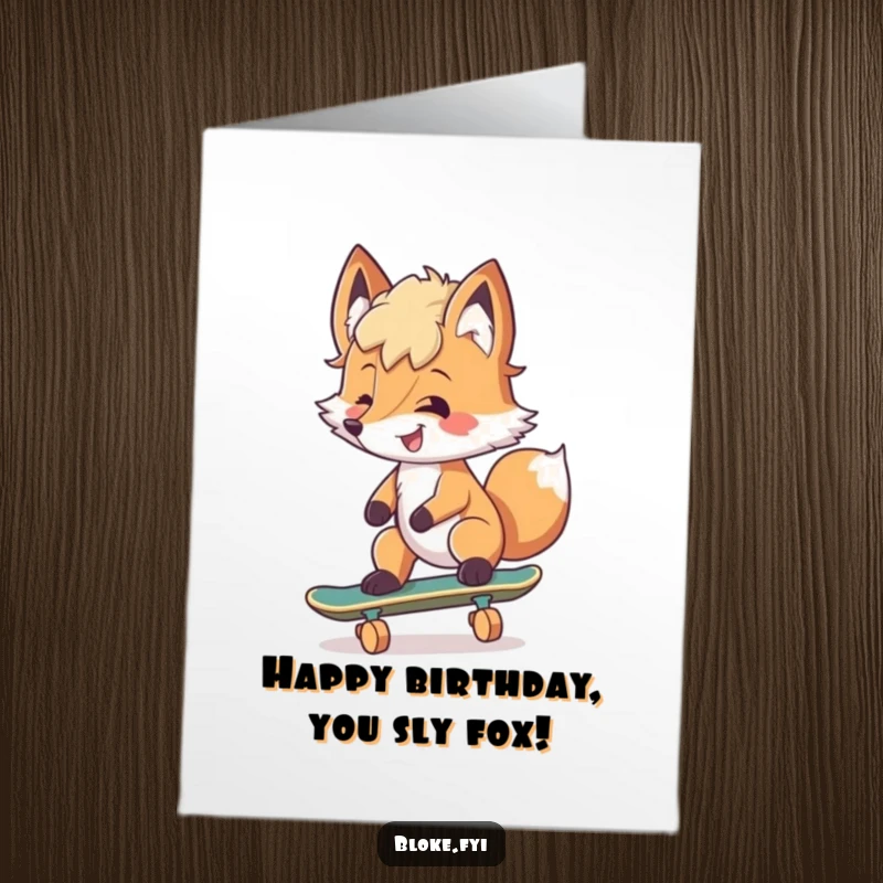 Funny Free Printable Birthday Card: Smiling fox with tousled fur trying to ride a skateboard.