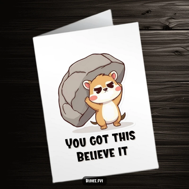 Funny Free Printable Birthday Card: Cute animal with furrowed brow, straining to lift a giant boulder, celebrating their big day.
