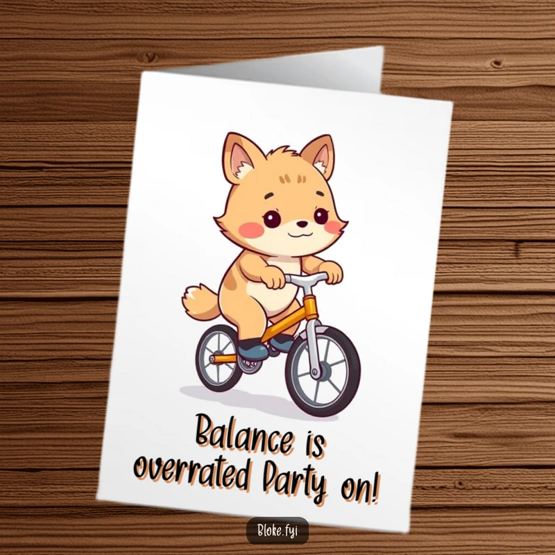 Funny Free Printable Birthday Card: Bloke animal balancing precariously on a tiny wobbly unicycle, celebrating a birthday with a laugh.