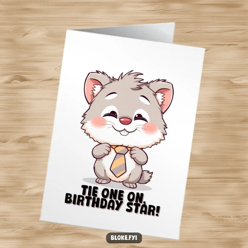 Funny Free Printable Birthday Card: Creature with cheeky grin, adjusting a crooked tie for a laugh.