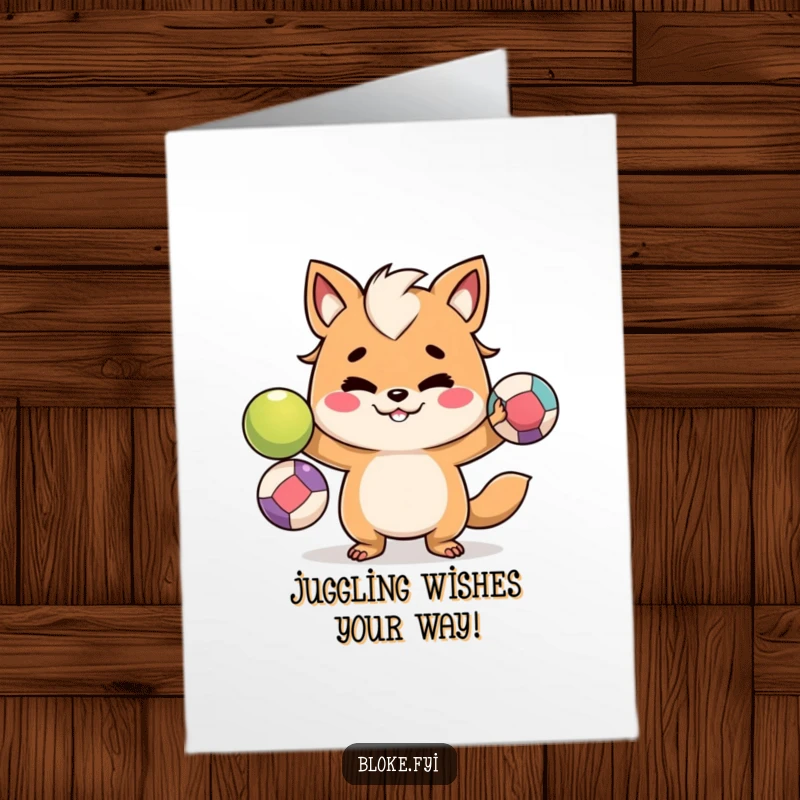 Funny Free Printable Birthday Card: Mischievous animal character juggling colorful balls with a cheeky grin.