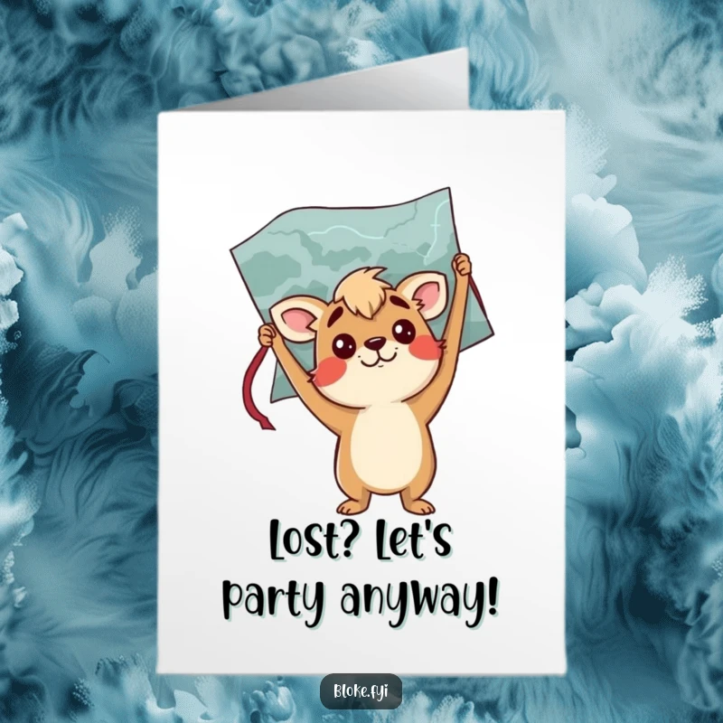 Funny Free Printable Birthday Card: Bloke animal looking utterly bewildered at a map held upside down, wishing a happy birthday.