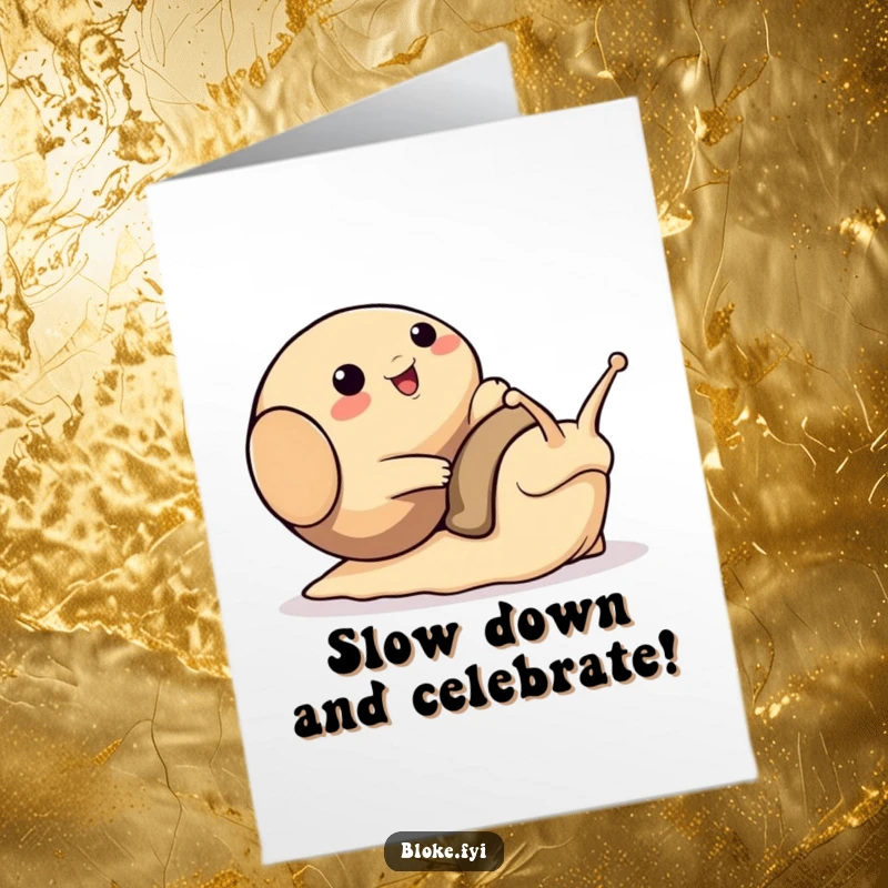 Funny Free Printable Birthday Card: Bloke animal comically tripping over a giant, smiling snail, wishing a happy birthday.