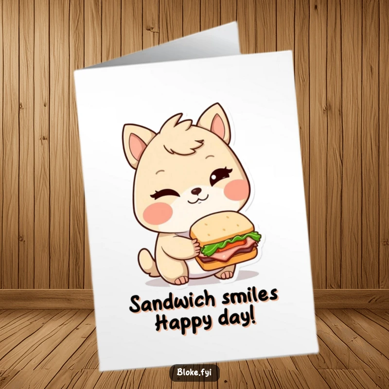 Funny Free Printable Birthday Card: Bloke animal winking charmingly while holding a tiny, gourmet sandwich, celebrating a birthday.