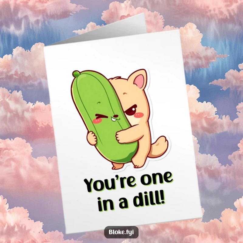 Funny Free Printable Birthday Card: Bloke animal character winks slyly holding a giant pickle, a hilarious birthday card.