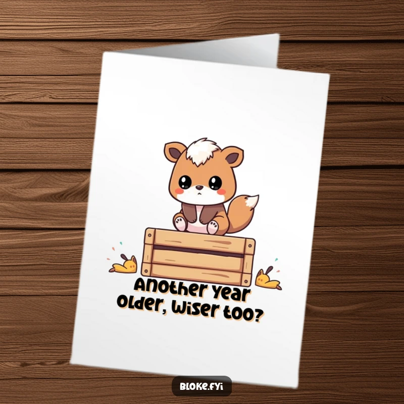 Funny Free Printable Birthday Card: Stylized animal on a wooden crate, looking deeply thoughtful, ready to celebrate.