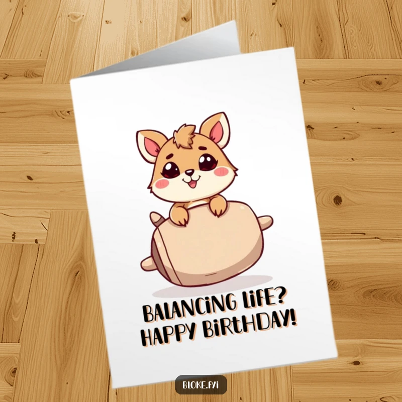 Funny Free Printable Birthday Card: A focused animal precariously balances a huge, unstable item, showcasing effort with humor.
