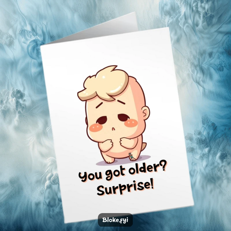 Funny Free Printable Birthday Card featuring a bloke with a comically surprised expression staring at a minuscule object.