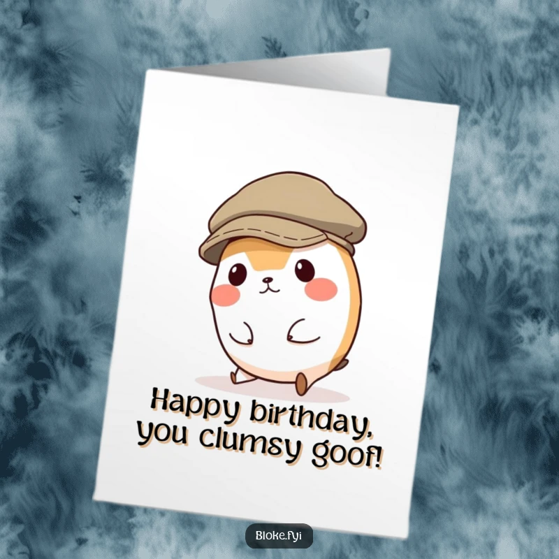 Funny Free Printable Birthday Card: A small round animal in an oversized cap trips comically.