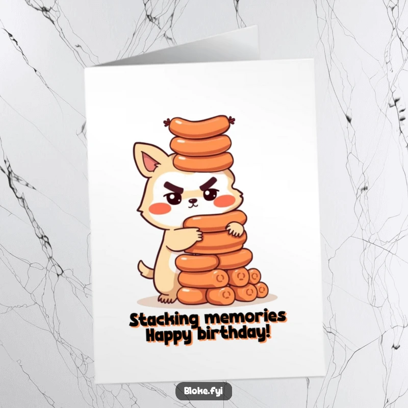 Funny Free Printable Birthday Card: Bloke animal intensely focused on building a precarious tower of sausages for a birthday.
