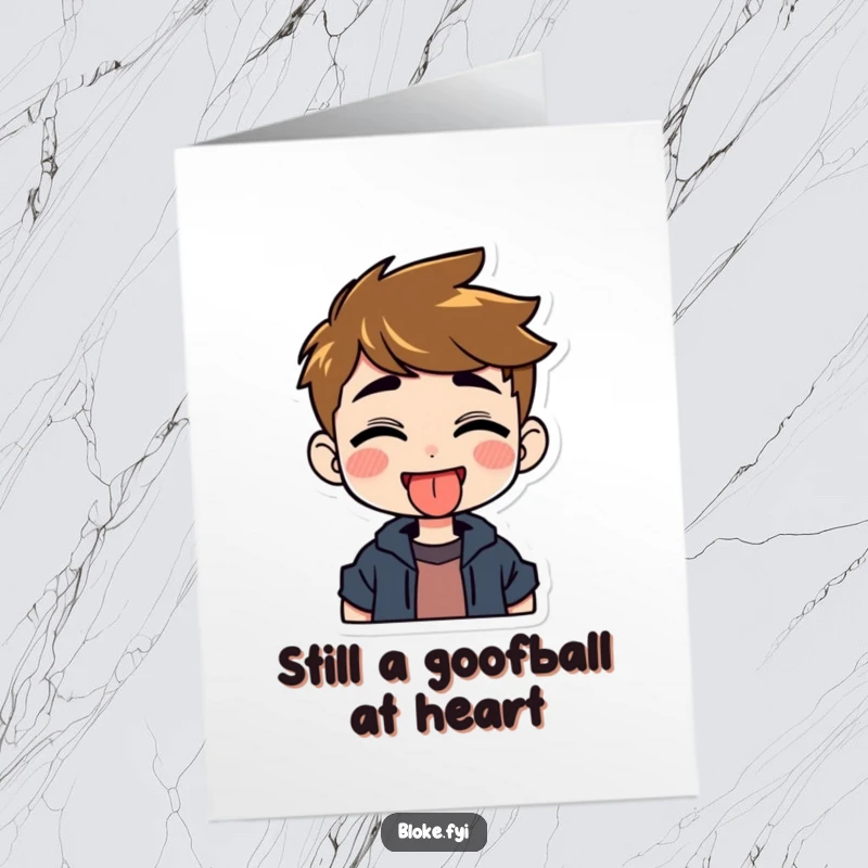 Funny Free Printable Happy Birthday card: Grinning guy character playfully and cheekily sticking out his tongue.