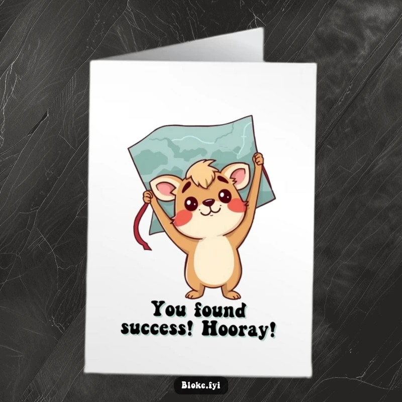 Funny Free Printable Congratulations Card: Bloke animal scratching head, confused by an upside-down map, celebrating a journey's end.