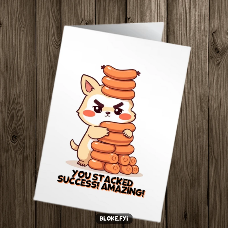 Funny Free Printable Congratulations Card: Bloke animal proudly presenting a wobbly tower of sausages, celebrating a major win.