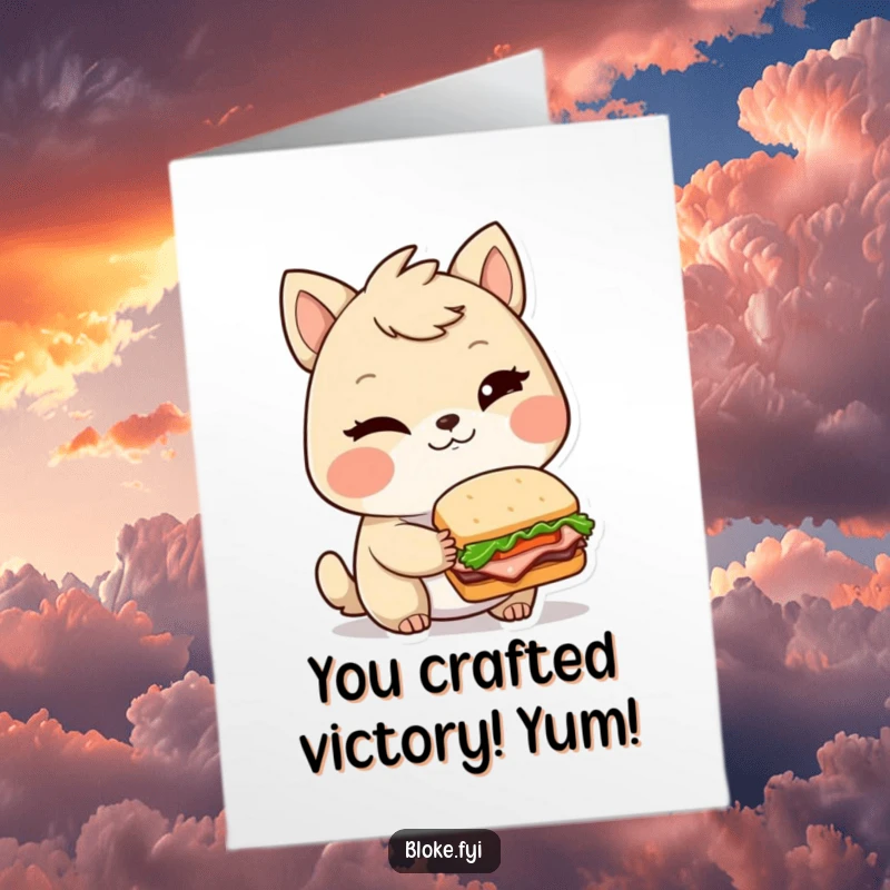 Funny Free Printable Congratulations Card: Bloke animal winks, presenting an exquisite miniature sandwich, celebrating a fine achievement.
