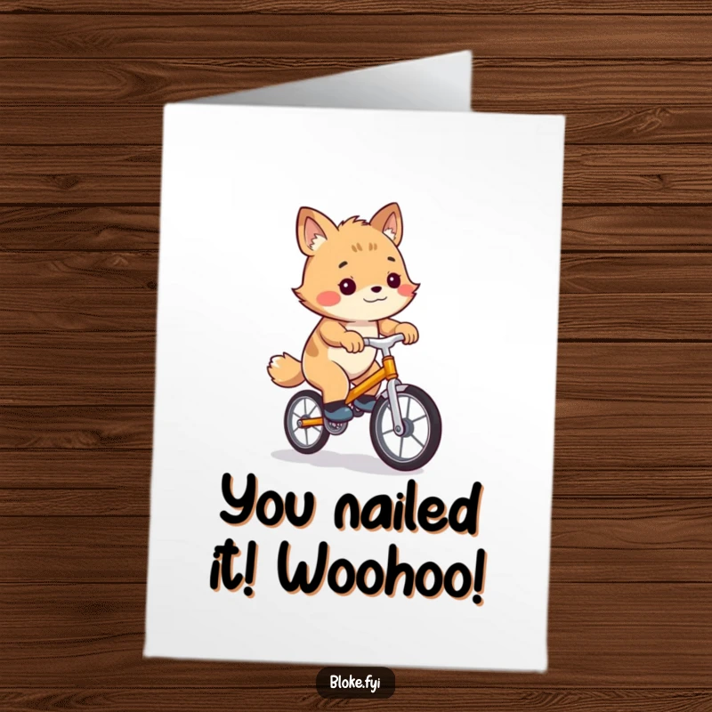 Funny Free Printable Congratulations Card: Bloke animal struggling on a tiny unicycle, symbolizing a hilarious, hard-won success.
